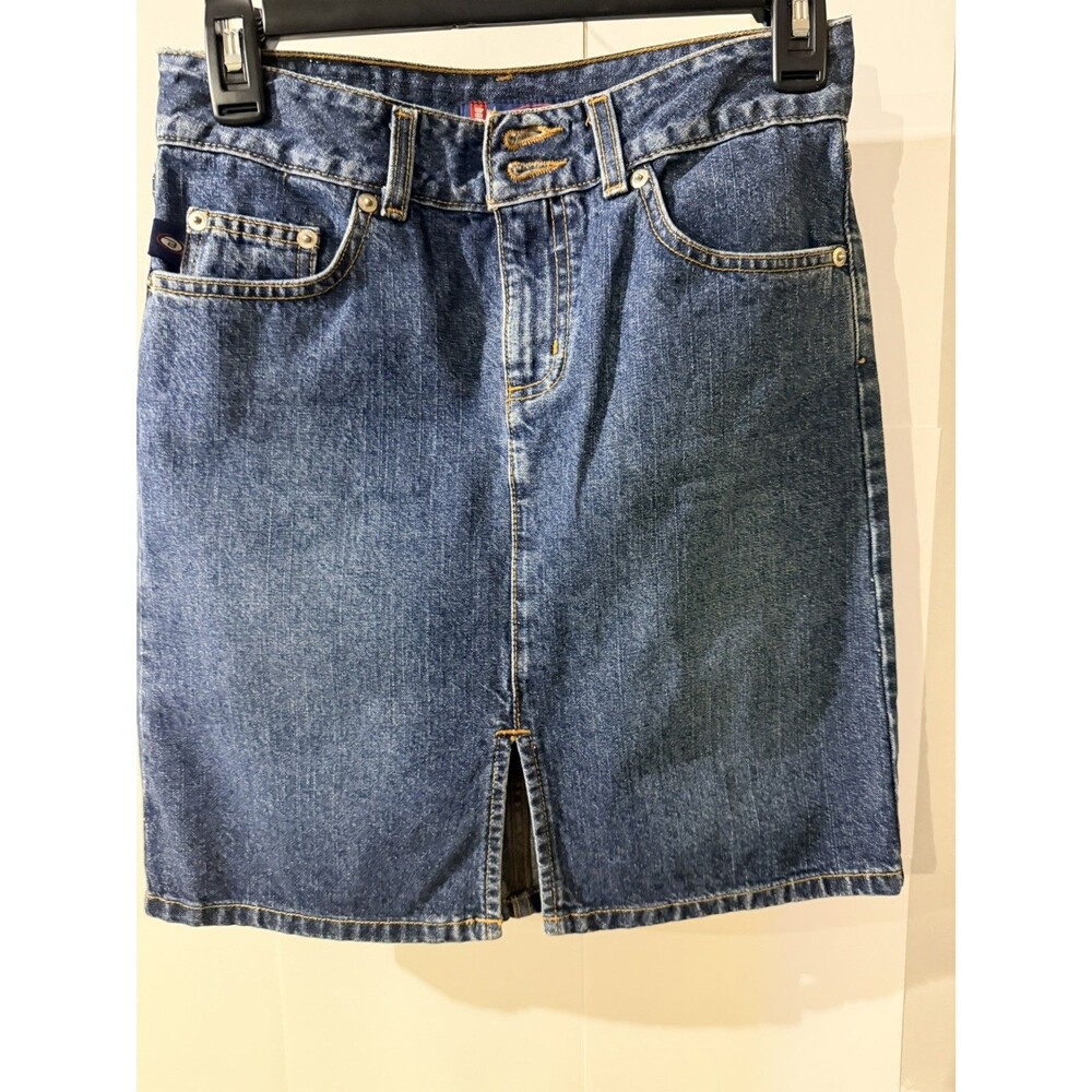 Vintage Bongo Blue Jean Denim Skirt size 0 Wide Waist 100% Cotton 5 Pocket Zip